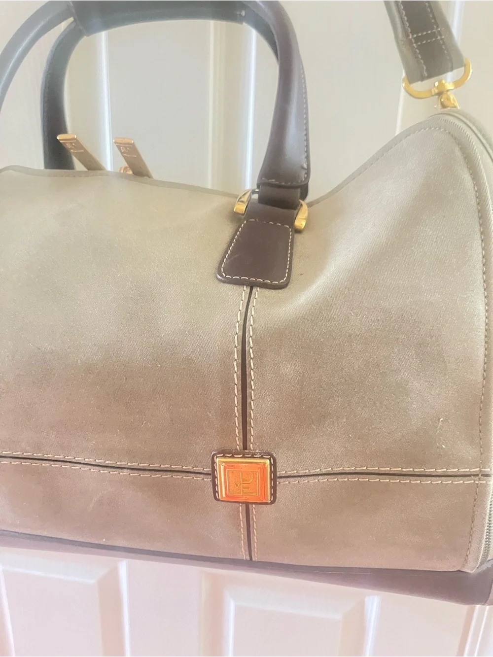 Diane Von Furstenberg olive Green Fabric canvas duffel bag brown leather straps